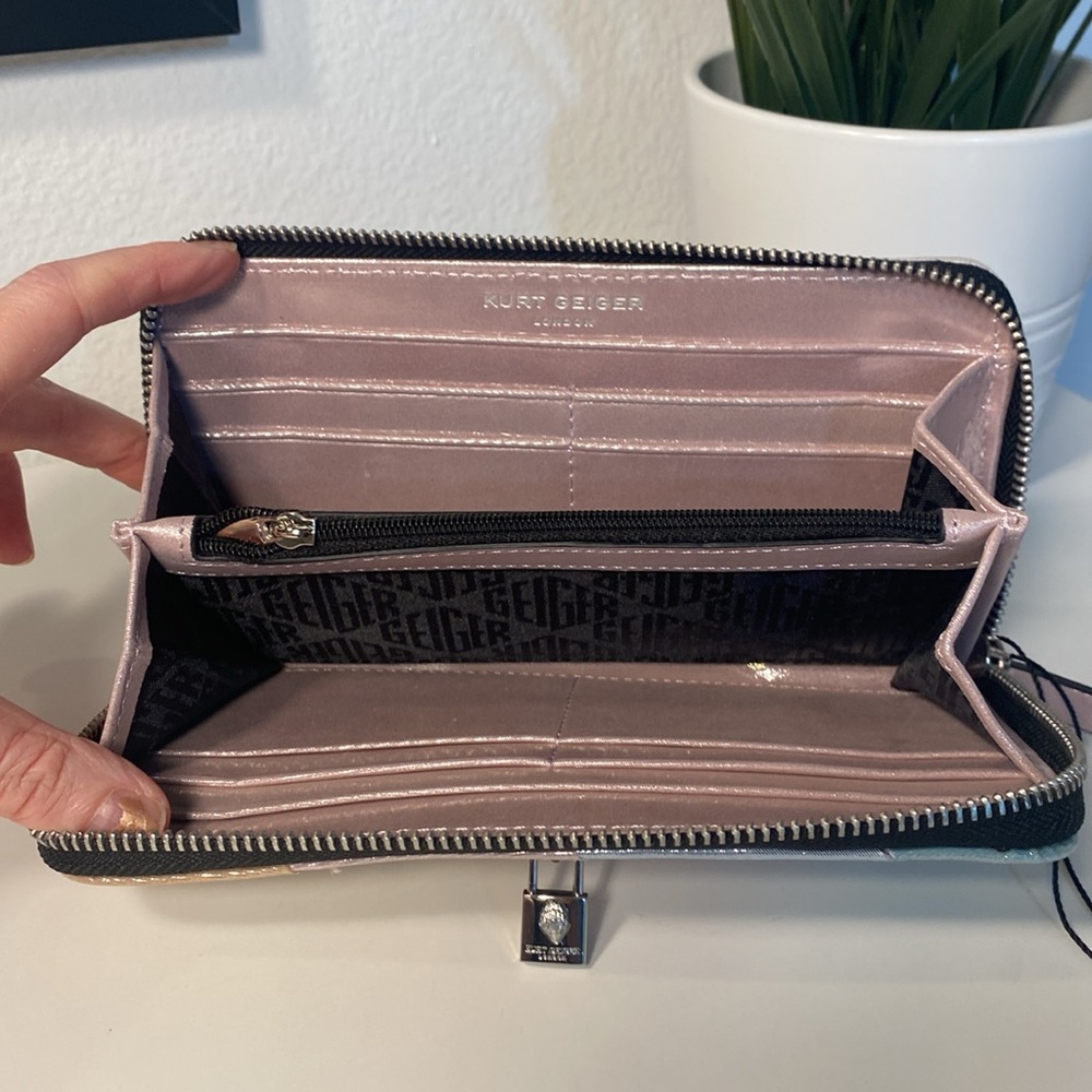 NWT Kurt Geiger Metallic Suede Leather Stripe Brixton Lock Zip Wallet - Picture 5 of 12